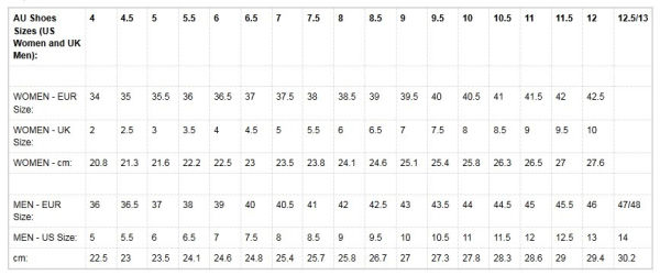 * Footwear Sizing Chart - Free Downloadable Document